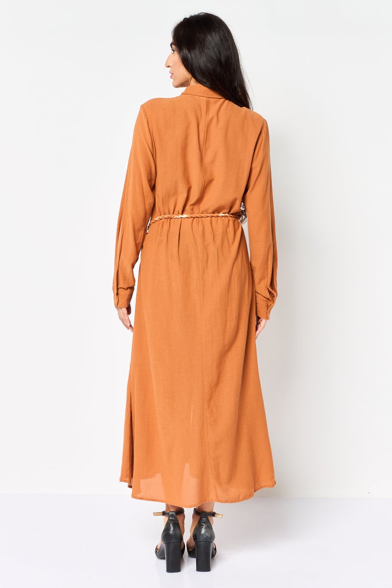 promod Women Textured Shirt Dress, Brown - Image 4