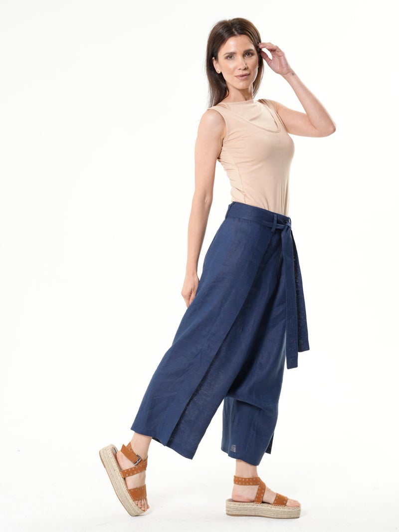 Metamorphoza Linen Drop-Crotch Pants In Blue - Image 4