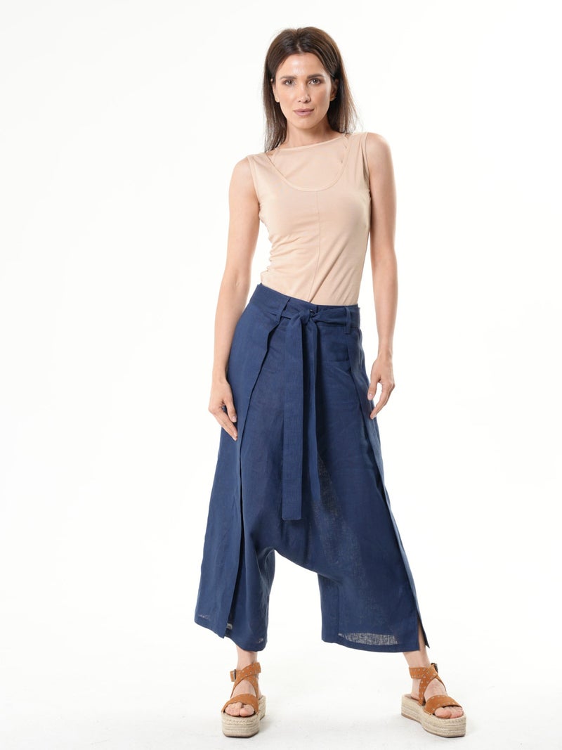 Metamorphoza Linen Drop-Crotch Pants In Blue - Image 3