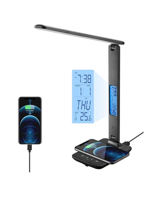LED Desk Lamp with Wireless Charger USB Charging Port with Screen Function of Clock Alarm Date Temperature 3 Color Modes and 5 Brightness Adjustment in Study Bedroom Office Black