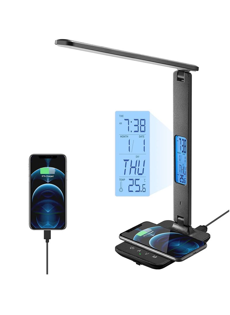 Furtey - LED Desk Lamp with Wireless Charger USB Charging Port with Screen Function of Clock Alarm Date Temperature 3 Color Modes and 5 Brightness Adjustment in Study Bedroom Office Black - Image 1