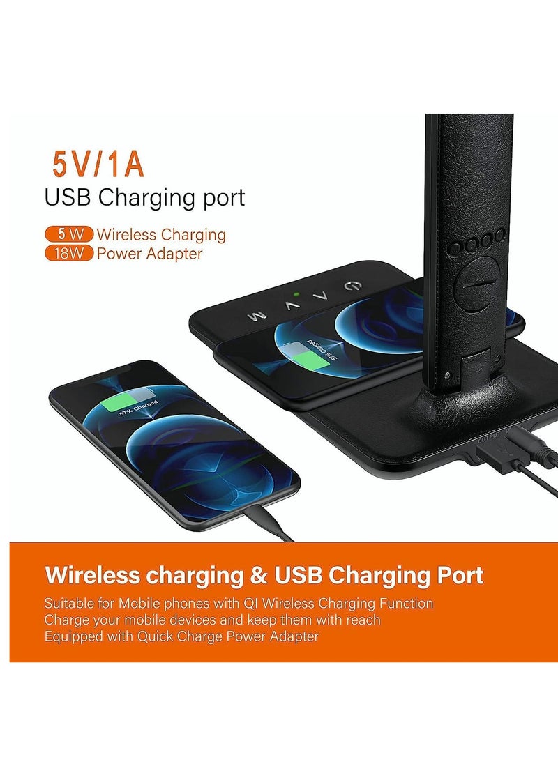 Furtey - LED Desk Lamp with Wireless Charger USB Charging Port with Screen Function of Clock Alarm Date Temperature 3 Color Modes and 5 Brightness Adjustment in Study Bedroom Office Black - Image 1