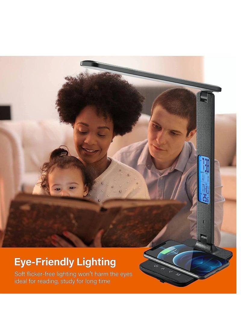 Furtey - LED Desk Lamp with Wireless Charger USB Charging Port with Screen Function of Clock Alarm Date Temperature 3 Color Modes and 5 Brightness Adjustment in Study Bedroom Office Black - Image 1