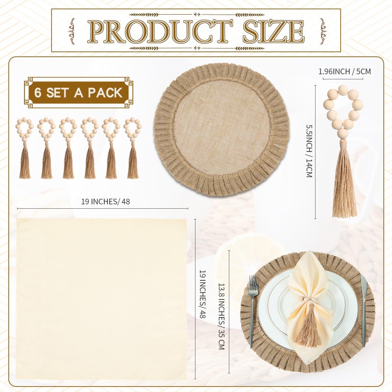 Gejoy 18 Pcs Round Burlap Placemats Wood Bead Napkin Rings with Dinner Napkins Cloth, Jute Heat Resistant Placemats Boho Wooden Rings for Plates Wedding Dining Table - Image 2