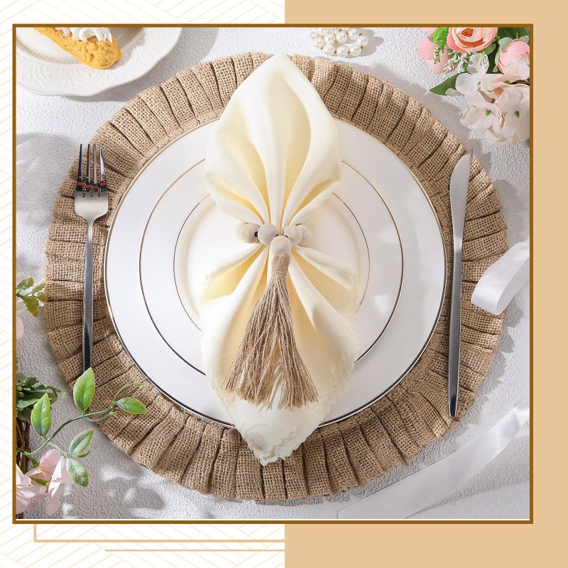 Gejoy 18 Pcs Round Burlap Placemats Wood Bead Napkin Rings with Dinner Napkins Cloth, Jute Heat Resistant Placemats Boho Wooden Rings for Plates Wedding Dining Table - Image 4