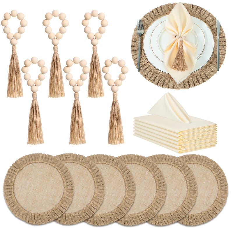 Gejoy 18 Pcs Round Burlap Placemats Wood Bead Napkin Rings with Dinner Napkins Cloth, Jute Heat Resistant Placemats Boho Wooden Rings for Plates Wedding Dining Table - Image 1