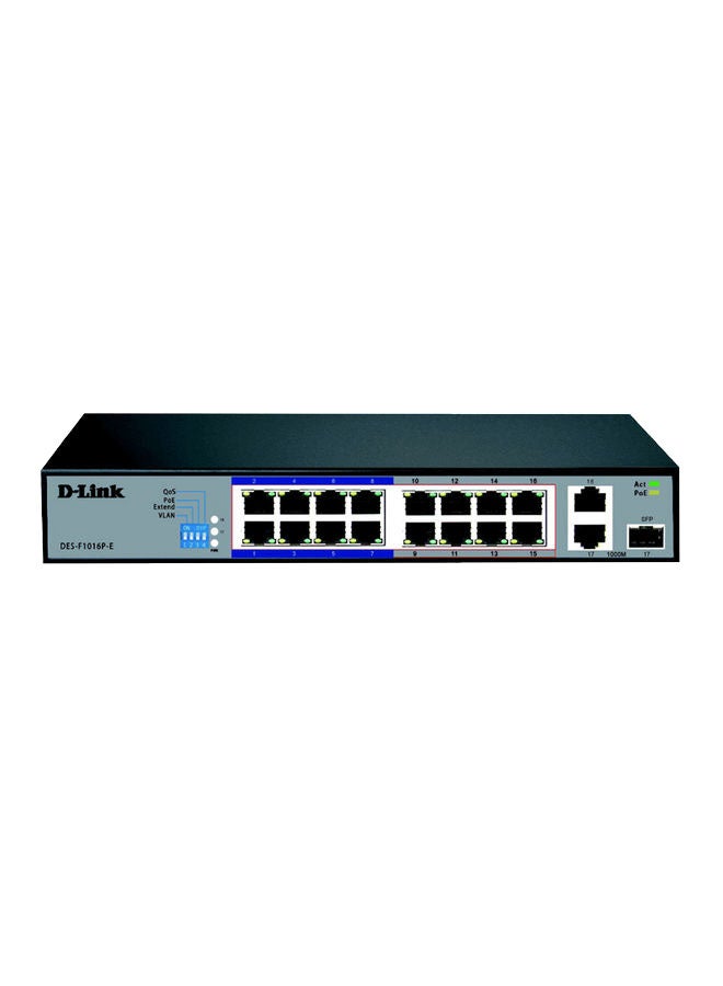 D-Link 16 Port 10/100 Base-T Unmanaged PoE+ Surveillance Switch, Long Range 250m, 2 Gigabit Ports With 1 Combo (RJ45/SFP), 150 Watts | DES-F1016P-E Black - Image 1