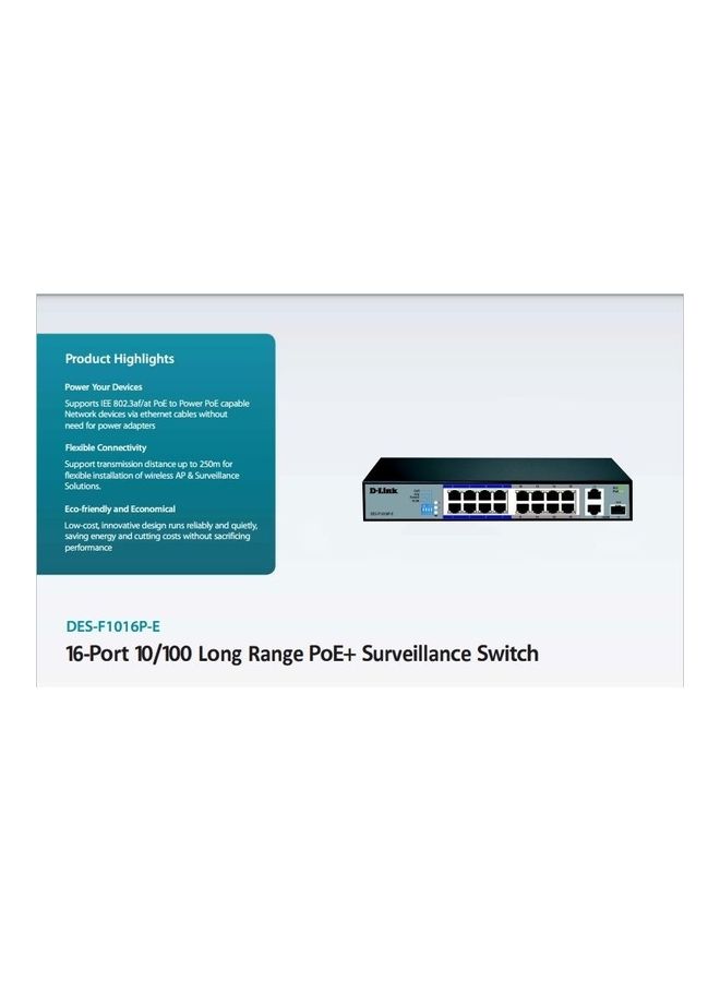 D-Link 16 Port 10/100 Base-T Unmanaged PoE+ Surveillance Switch, Long Range 250m, 2 Gigabit Ports With 1 Combo (RJ45/SFP), 150 Watts | DES-F1016P-E Black - Image 2