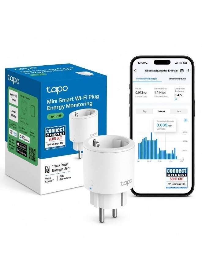 تابو مقبس Tapo P115 ذكي بتقنية Wi-Fi مع مراقبة استهلاك الطاقة، يعمل مع Alexa وGoogle Home، ويدعم التحكم الصوتي والتحكم عن بُعد، ولا يحتاج إلى Hub إضافي. - Image 1