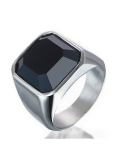 Black Agate Stainless Steel Mens Ring White Gold