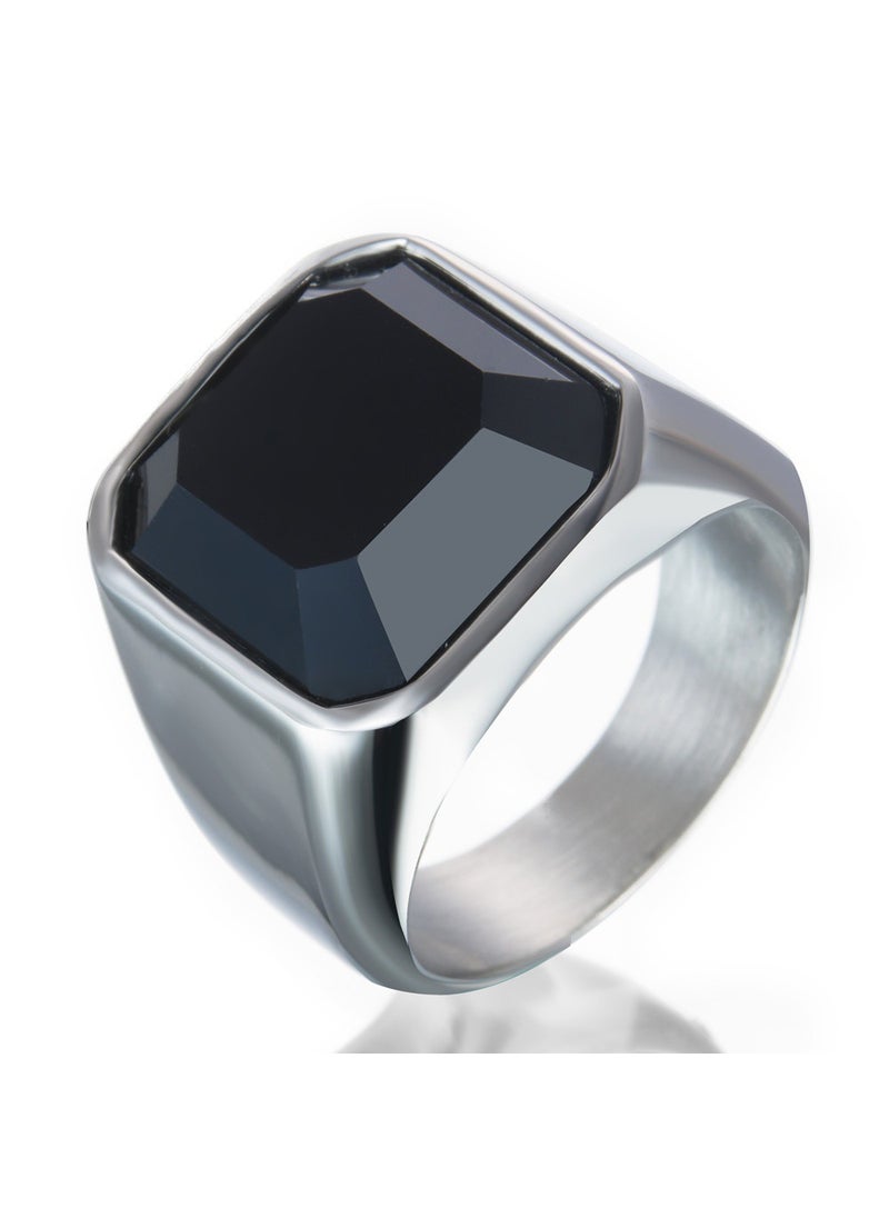 Generic - Black Agate Stainless Steel Mens Ring White Gold - Image 1