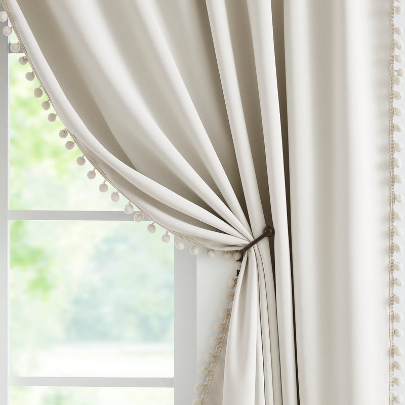 Jubilantex Pom Pom Blackout Curtains Beige Thermal Insulated Curtains Blackout Window Treatments 63" Long for Girls Kids Bedroom,52" Wide,2 Panels - Image 3
