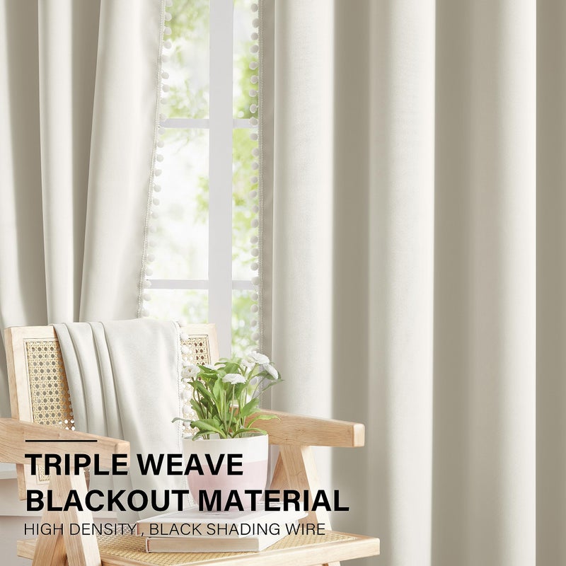 Jubilantex Pom Pom Blackout Curtains Beige Thermal Insulated Curtains Blackout Window Treatments 63" Long for Girls Kids Bedroom,52" Wide,2 Panels - Image 5