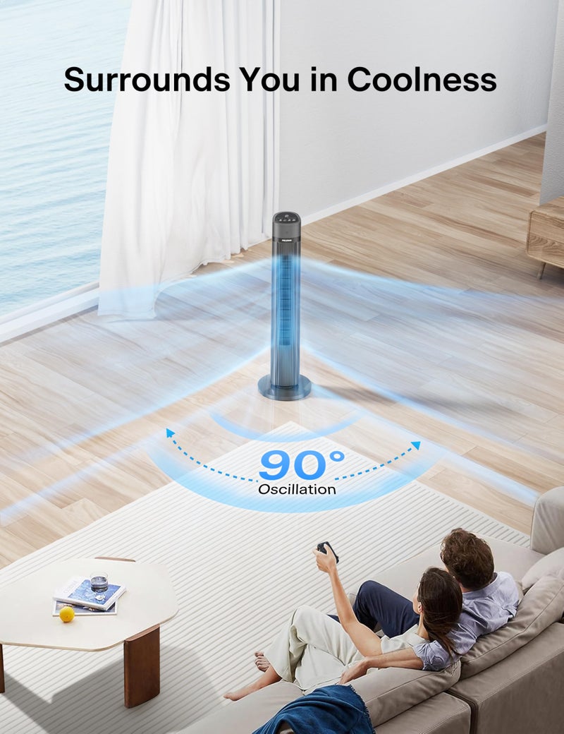 PELONIS 40-inch Bladeless Tower Fan for Bedroom, Standing Fan with Remote Control, 26ft/s, 90Â° Oscillation, 3 Speed Settings, 27 dB, 3 Modes, 15-Hour Timer, LED Display, Fan that Blows Cold Air, Black - Image 4