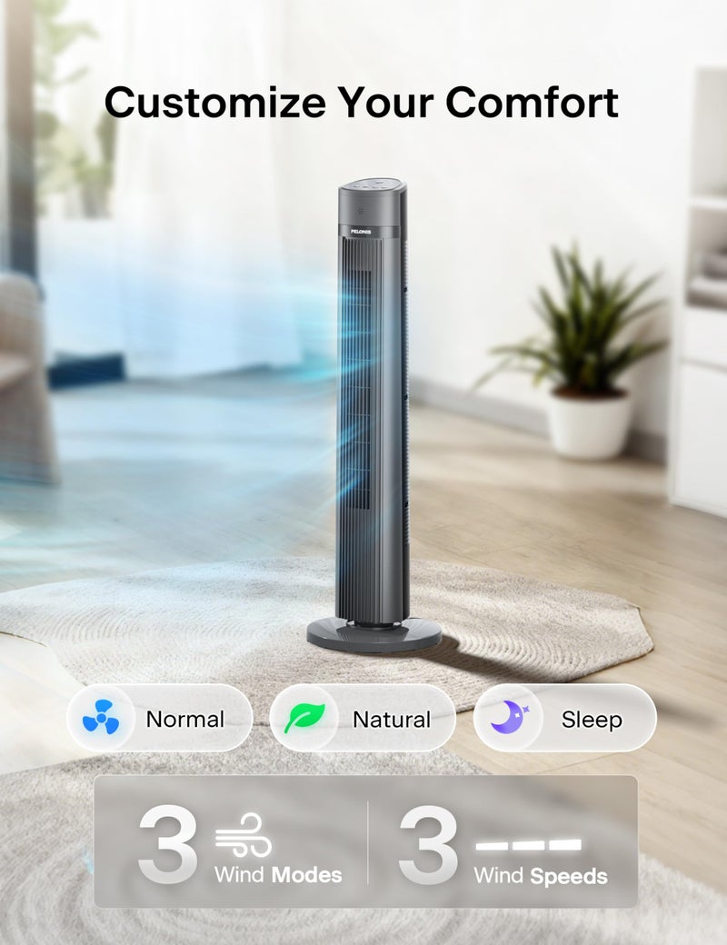 PELONIS 40-inch Bladeless Tower Fan for Bedroom, Standing Fan with Remote Control, 26ft/s, 90Â° Oscillation, 3 Speed Settings, 27 dB, 3 Modes, 15-Hour Timer, LED Display, Fan that Blows Cold Air, Black - Image 3