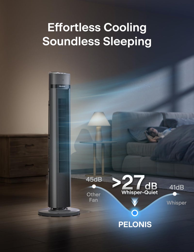 PELONIS 40-inch Bladeless Tower Fan for Bedroom, Standing Fan with Remote Control, 26ft/s, 90Â° Oscillation, 3 Speed Settings, 27 dB, 3 Modes, 15-Hour Timer, LED Display, Fan that Blows Cold Air, Black - Image 5