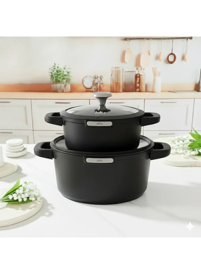 Julia Elite Smoky Cookware Set 8 Pcs with Lids - Smoky - Black Granite Non-Stick - Induction Ready - Image 2