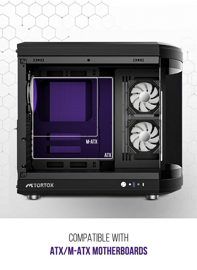 تورتوكس حافظة كمبيوتر ألعاب Tortox Vidrio من الزجاج المقوى المنحني ATX/M-ATX/Mini-ITX، 6 مراوح ARGB PWM مثبتة مسبقًا، منفذ USB من النوع C، دعم مشعاع 360 مم، تدفق هواء ممتاز باللون الأبيض  - Image 4