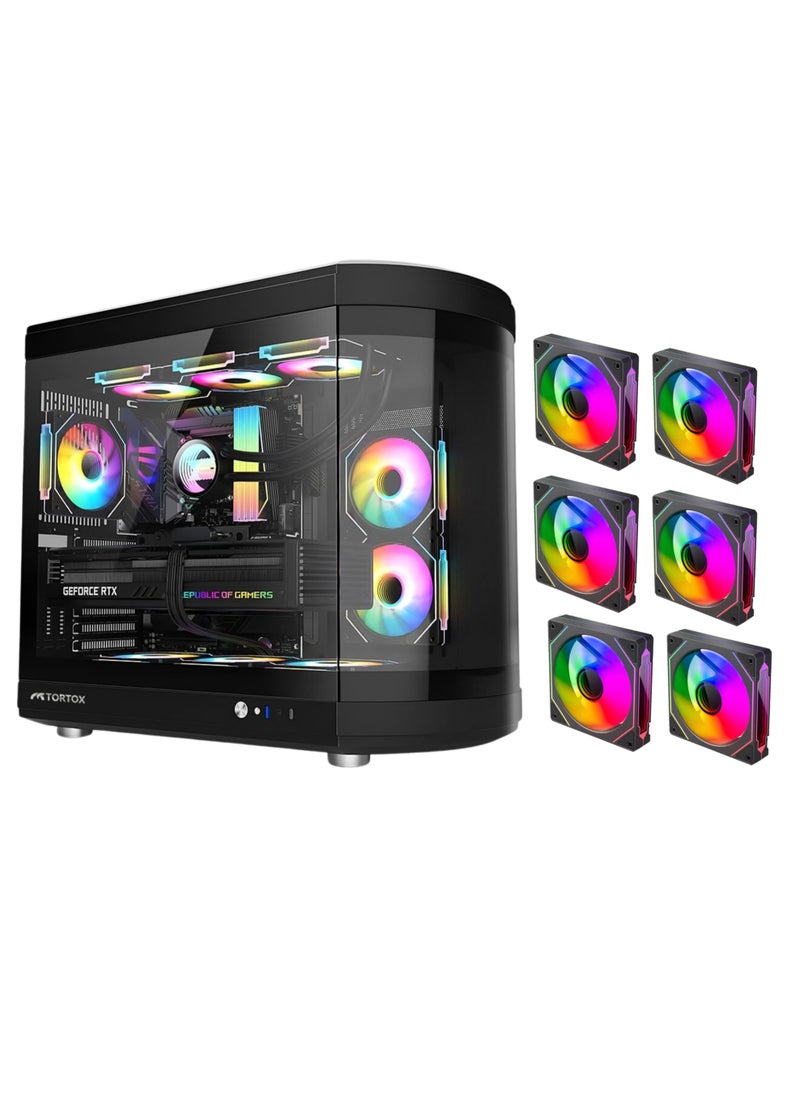 تورتوكس حافظة كمبيوتر ألعاب Tortox Vidrio من الزجاج المقوى المنحني ATX/M-ATX/Mini-ITX، 6 مراوح ARGB PWM مثبتة مسبقًا، منفذ USB من النوع C، دعم مشعاع 360 مم، تدفق هواء ممتاز باللون الأبيض  - Image 1
