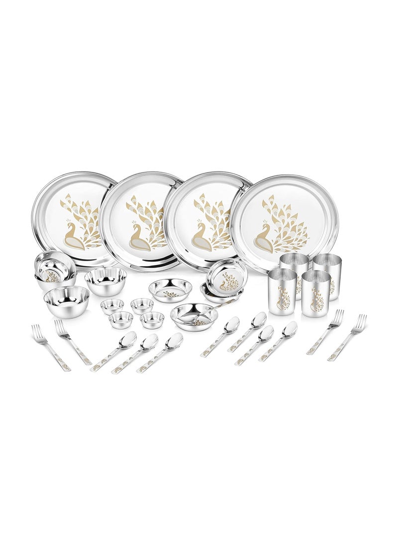 Classic Essentials Classic Essentials Stainless Steel Dinner Set | Heavy Gauge Stainless Steel Dinner Set | Kitchen Set for Home | Peacock Lazer Design Dinner Set | Shagun Set/Bartan Set, Set of 32  - Image 1
