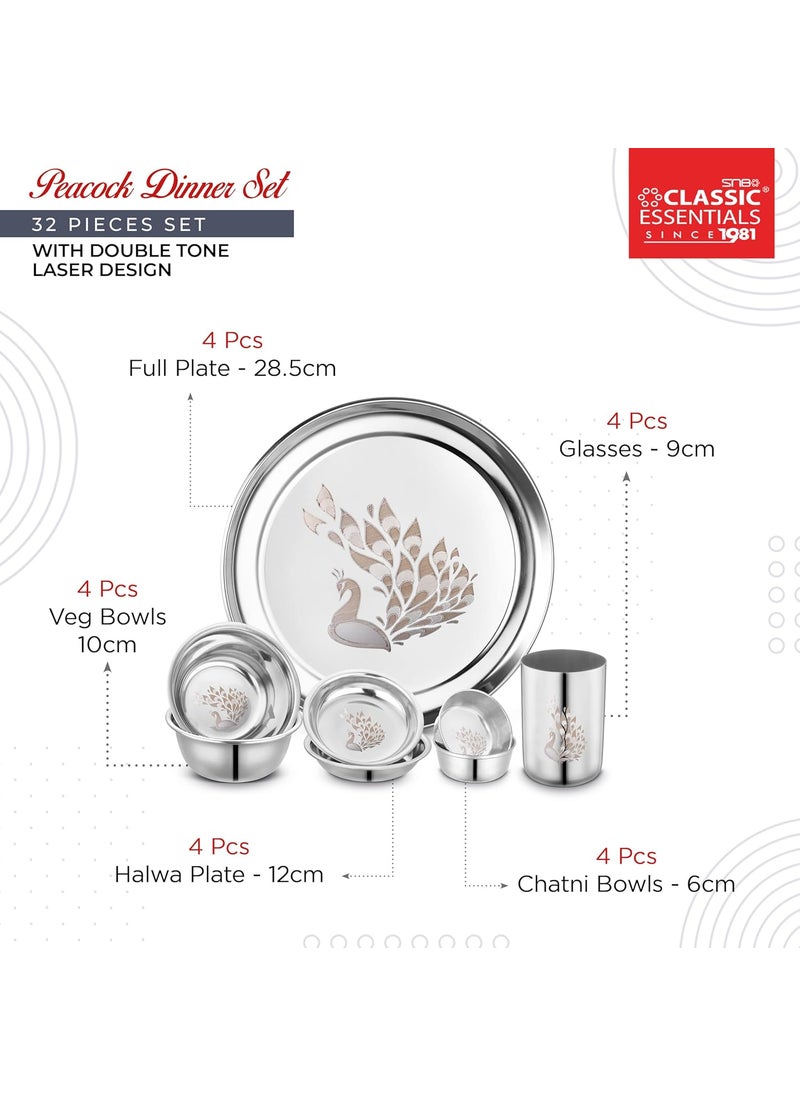 Classic Essentials Classic Essentials Stainless Steel Dinner Set | Heavy Gauge Stainless Steel Dinner Set | Kitchen Set for Home | Peacock Lazer Design Dinner Set | Shagun Set/Bartan Set, Set of 32  - Image 2