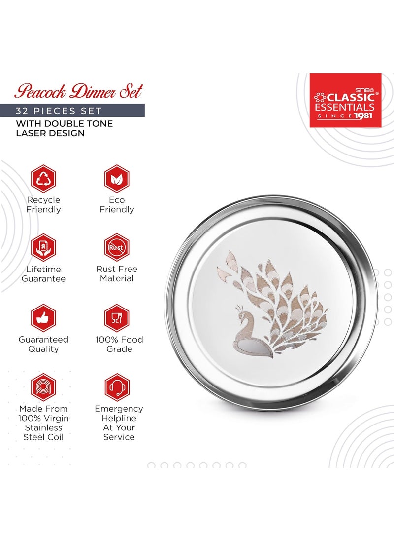 Classic Essentials Classic Essentials Stainless Steel Dinner Set | Heavy Gauge Stainless Steel Dinner Set | Kitchen Set for Home | Peacock Lazer Design Dinner Set | Shagun Set/Bartan Set, Set of 32  - Image 4