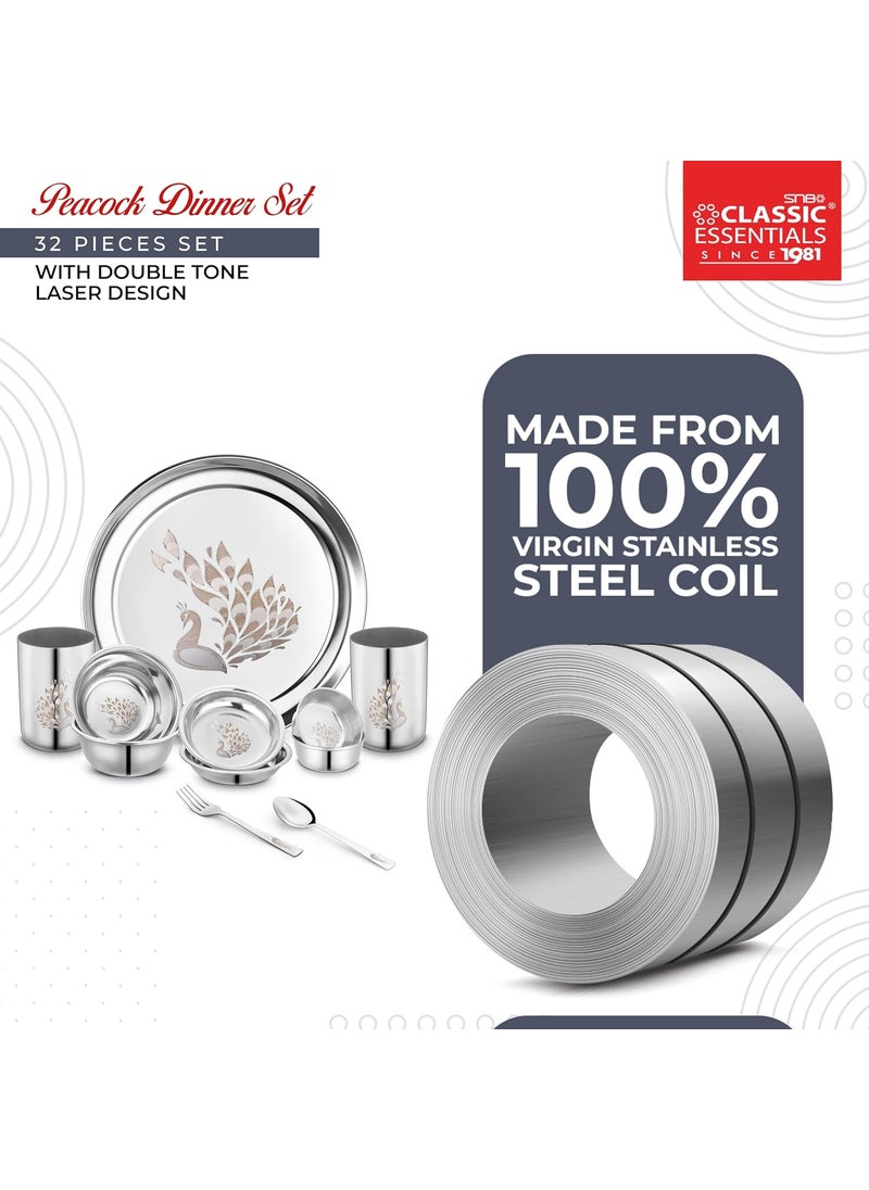 Classic Essentials Classic Essentials Stainless Steel Dinner Set | Heavy Gauge Stainless Steel Dinner Set | Kitchen Set for Home | Peacock Lazer Design Dinner Set | Shagun Set/Bartan Set, Set of 32  - Image 5