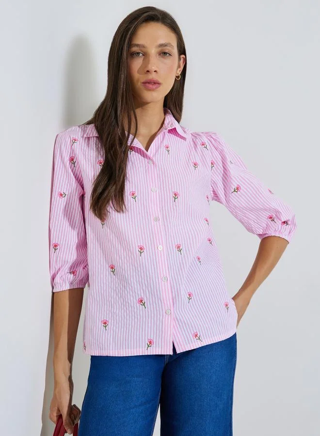 Styli Pink Striped Embroidered Detail Cotton Shirt