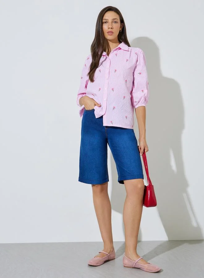 Styli Pink Striped Embroidered Detail Cotton Shirt