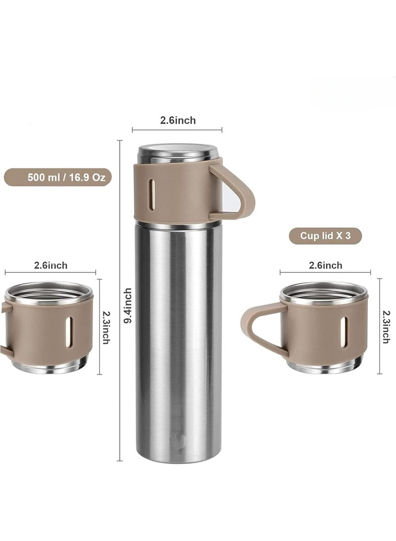 MOSH 500ml Stainless Steel Vacuum Thermos Flask with Silicone Handle – Insulated Water Bottle with 2 Stainless Steel Cups for Hot & Cold Drinks, Outdoor Travel Gift Box (1 Pack, Silver Beige) - Image 1
