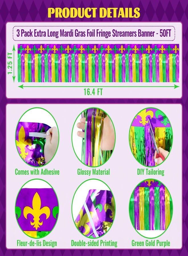 HALOGATE Mardi Gras Decorations, 3 Pack 50Ft Foil Fringe Garland Tinsel Streamers, Purple Green Gold Metallic Hanging Backdrop Banner Table Skirts for Mardi Gras Birthday Party Parade Floats Car Wagon Decor - Image 2