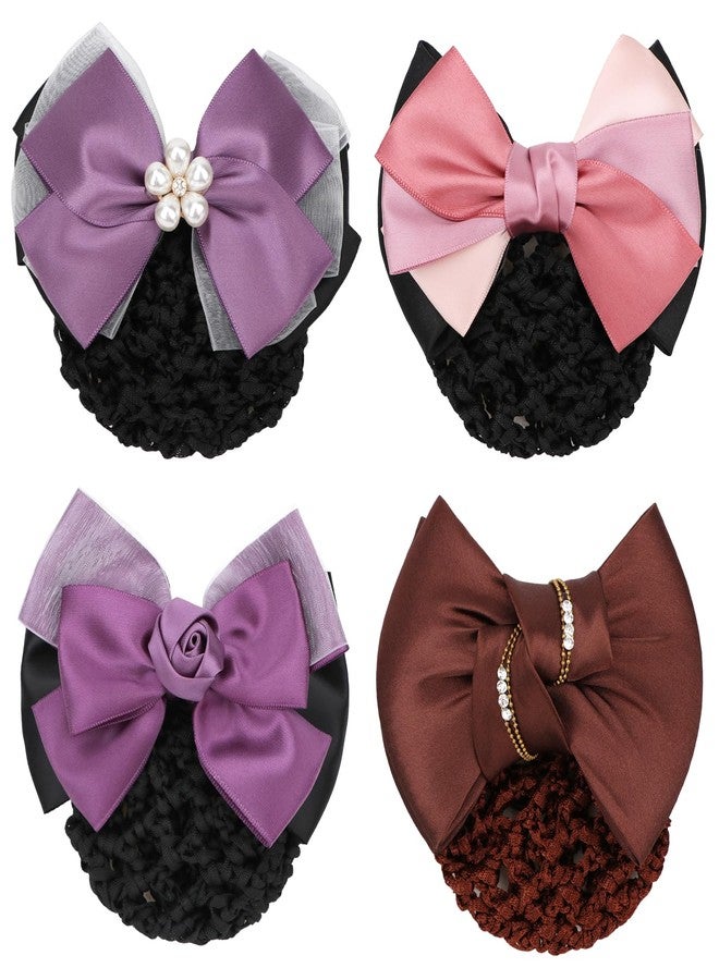 kilofly 4pc Women's Two-Way Snood Net Bow Barrette Hair Clip Bun Cover Set - Image 1