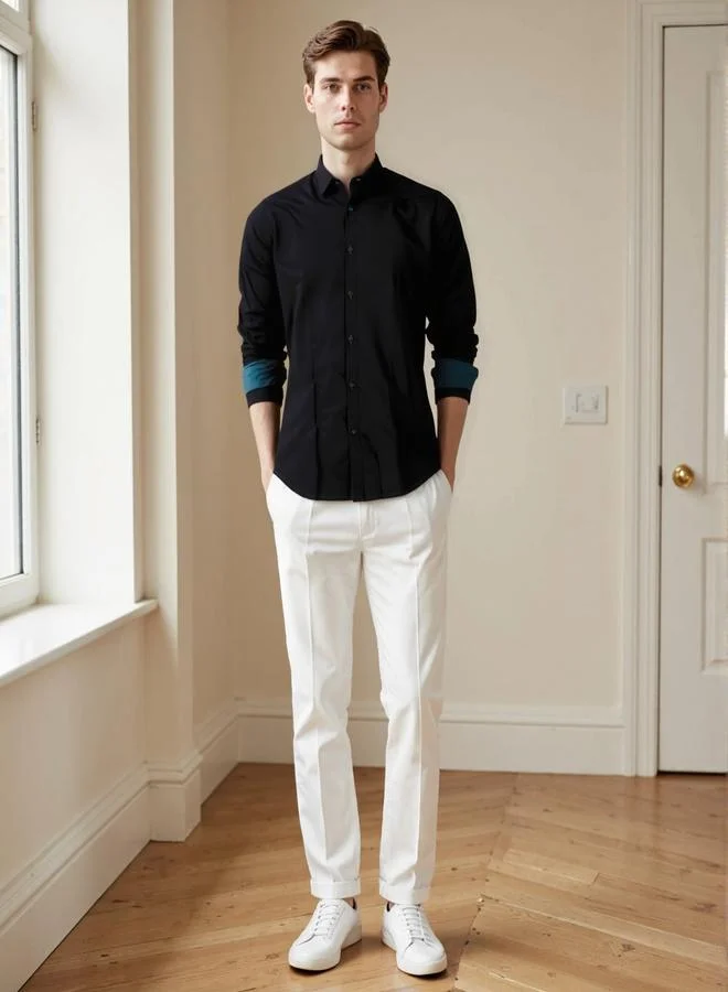 Dennis Lingo Men's Black Cotton Blend Solid Button Down Regular Fit Shirt