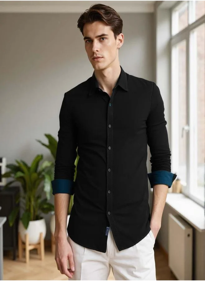 Dennis Lingo Men's Black Cotton Blend Solid Button Down Regular Fit Shirt