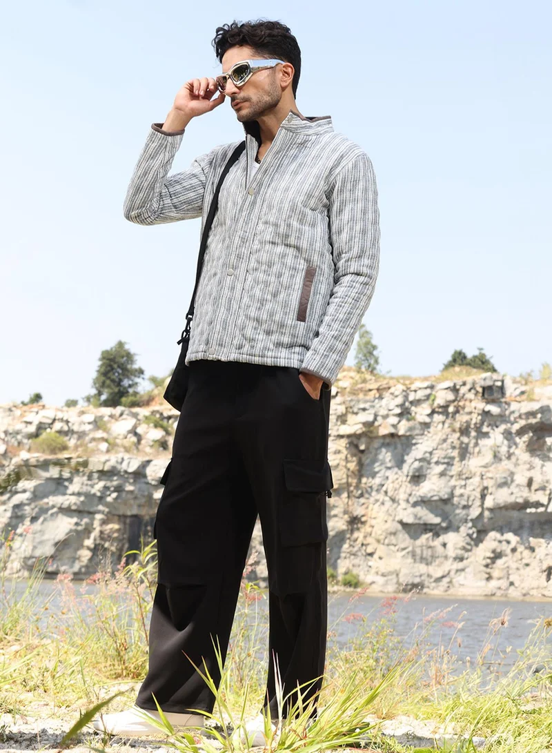 كامبوس سوترا Men's White & Light Grey Striped Quilted Bomber Jacket