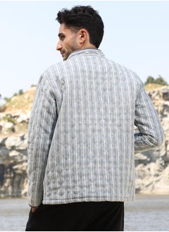 Campus Sutra Men's White & Light Grey Striped Quilted Bomber Jacket  - Image 5