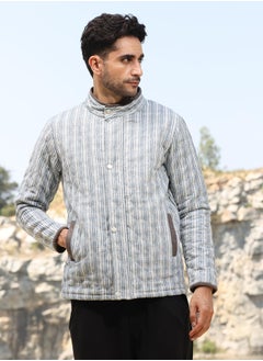 Campus Sutra Men's White & Light Grey Striped Quilted Bomber Jacket  - Image 3