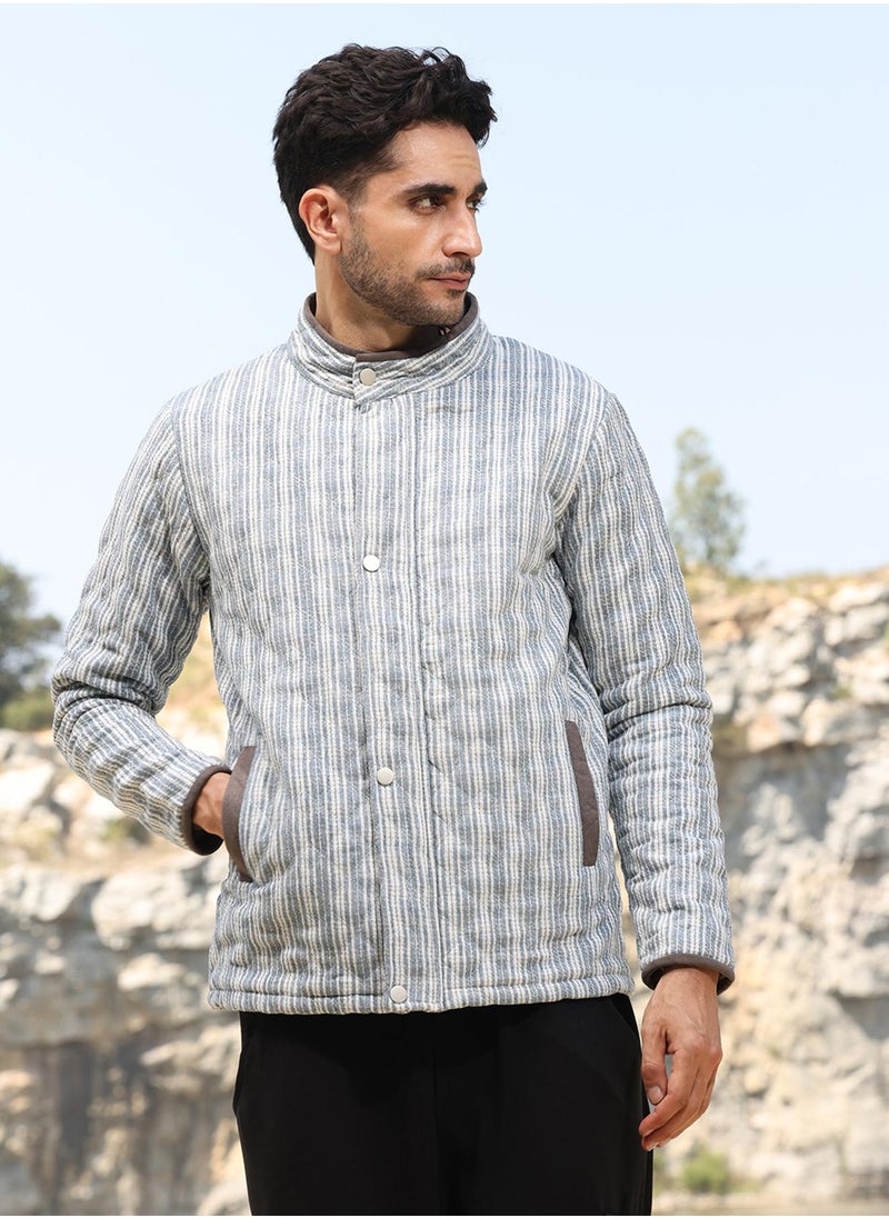 كامبوس سوترا Men's White & Light Grey Striped Quilted Bomber Jacket  - Image 3