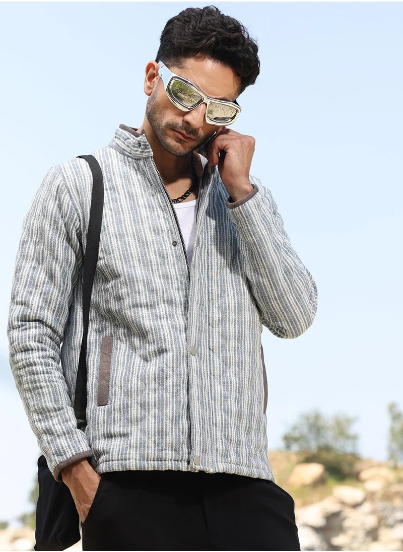 Campus Sutra Men's White & Light Grey Striped Quilted Bomber Jacket