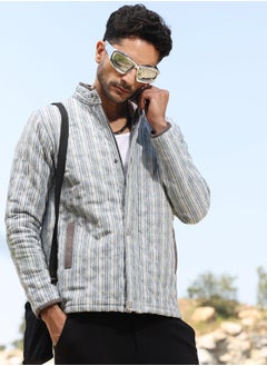 Campus Sutra Men's White & Light Grey Striped Quilted Bomber Jacket  - Image 1