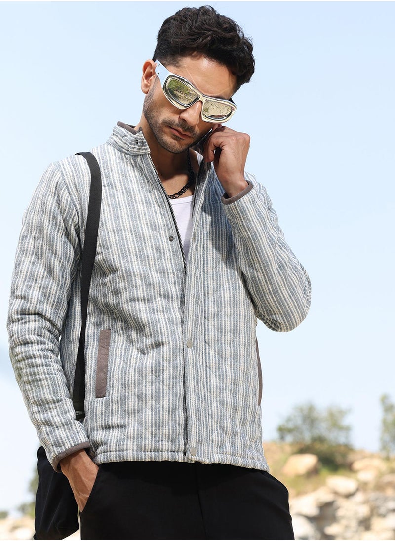 كامبوس سوترا Men's White & Light Grey Striped Quilted Bomber Jacket  - Image 1