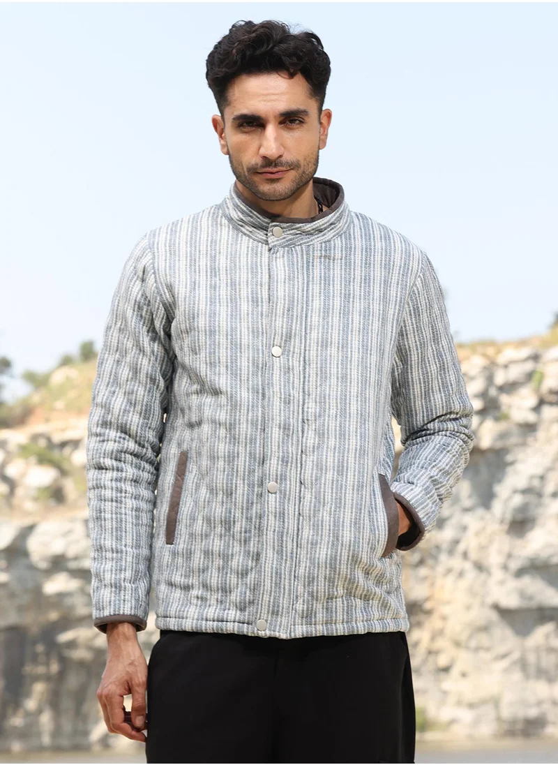 Campus Sutra Men's White & Light Grey Striped Quilted Bomber Jacket