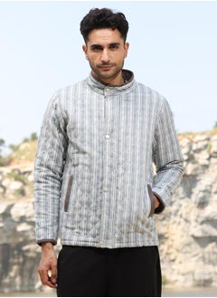 Campus Sutra Men's White & Light Grey Striped Quilted Bomber Jacket  - Image 2