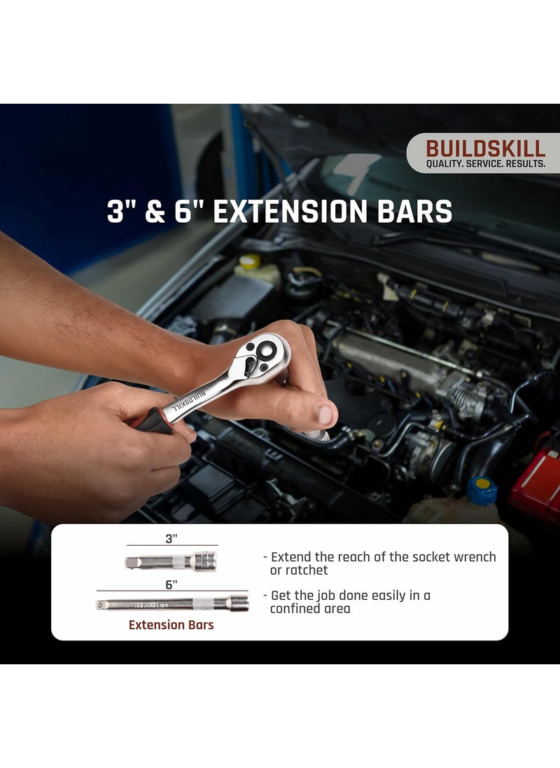 BUILDSKILL BUILDSKILL 38 inch socket set 23 piece heavy duty CRV material 3 6 extension bar quick release reversible ratchet TPR antislip grip socket wrench set for car bicycle repairing  - Image 5