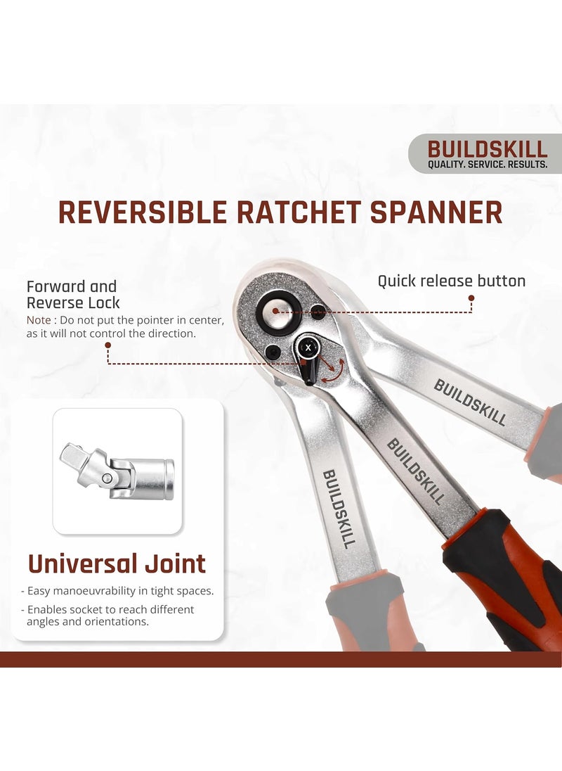 BUILDSKILL BUILDSKILL 38 inch socket set 23 piece heavy duty CRV material 3 6 extension bar quick release reversible ratchet TPR antislip grip socket wrench set for car bicycle repairing  - Image 4