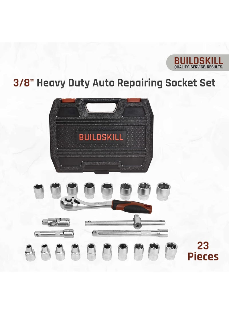 BUILDSKILL BUILDSKILL 38 inch socket set 23 piece heavy duty CRV material 3 6 extension bar quick release reversible ratchet TPR antislip grip socket wrench set for car bicycle repairing  - Image 2