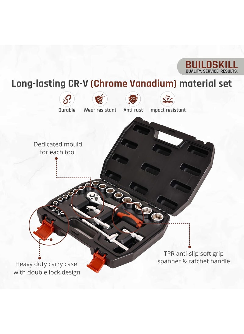 BUILDSKILL BUILDSKILL 38 inch socket set 23 piece heavy duty CRV material 3 6 extension bar quick release reversible ratchet TPR antislip grip socket wrench set for car bicycle repairing  - Image 3