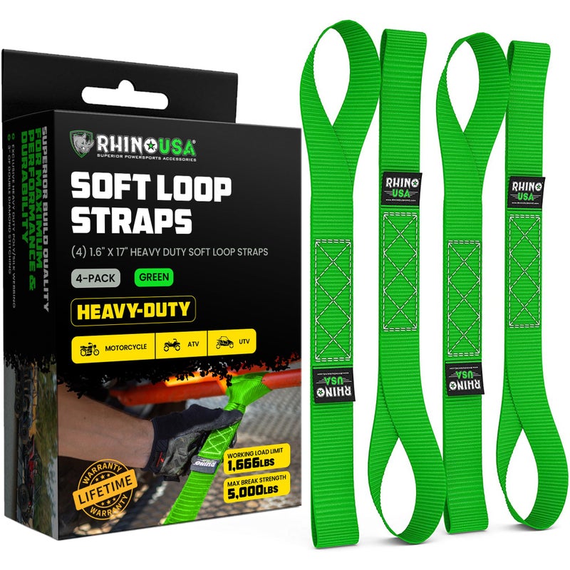 Rhino USA Soft Loop Tie Down Straps (4-Pack) - 1.6 Inch x 17 Inch (5,000 lbs Break Strength) Heavy Duty Motorcycle Handlebar Straps for use with Ratchets for ATV, UTV, Dirt Bike (Green) - Image 1