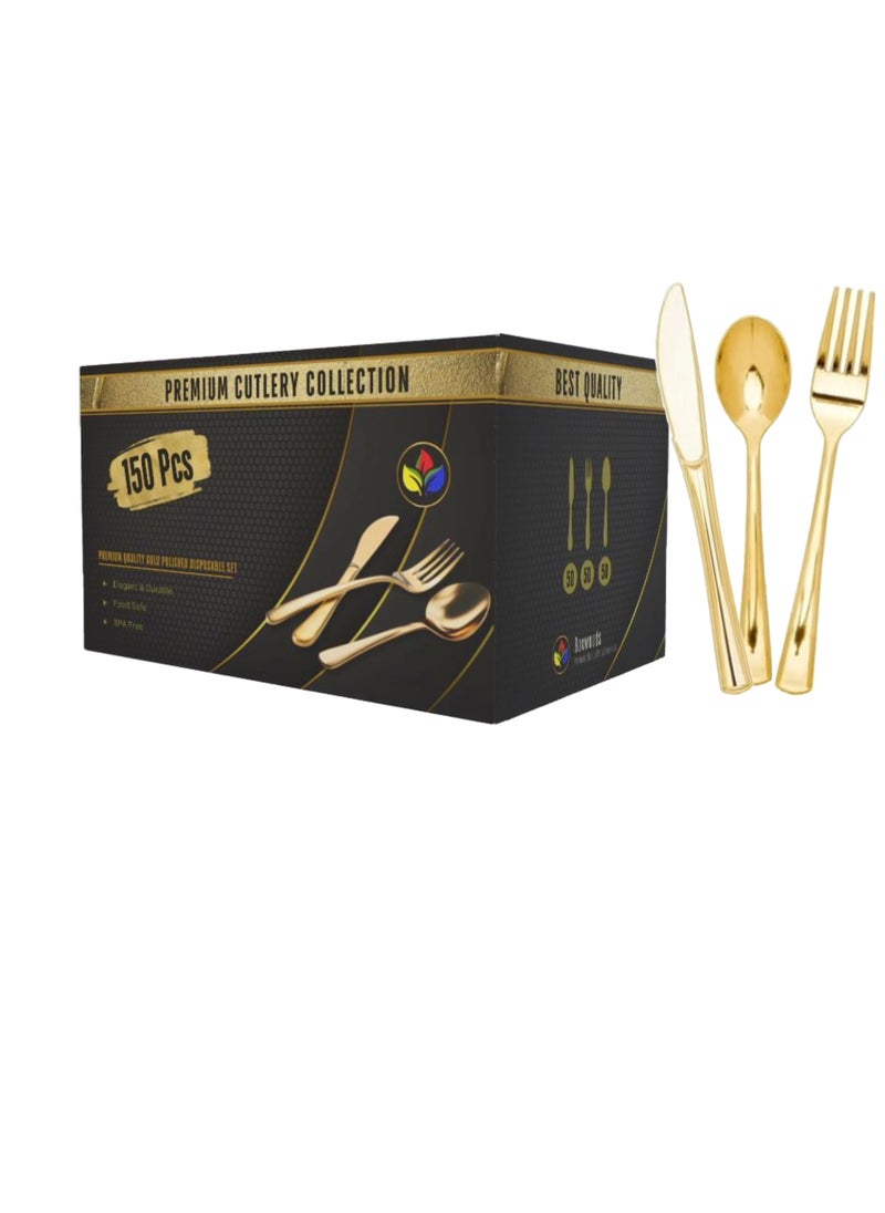 Boxwoods - 150 Pieces of Premium Quality Elegant Gold Plastic Disposable Cutlery Set Spoons knives and Forks For Wedding Birthday Ramadan Eid Dinner party - Image 1