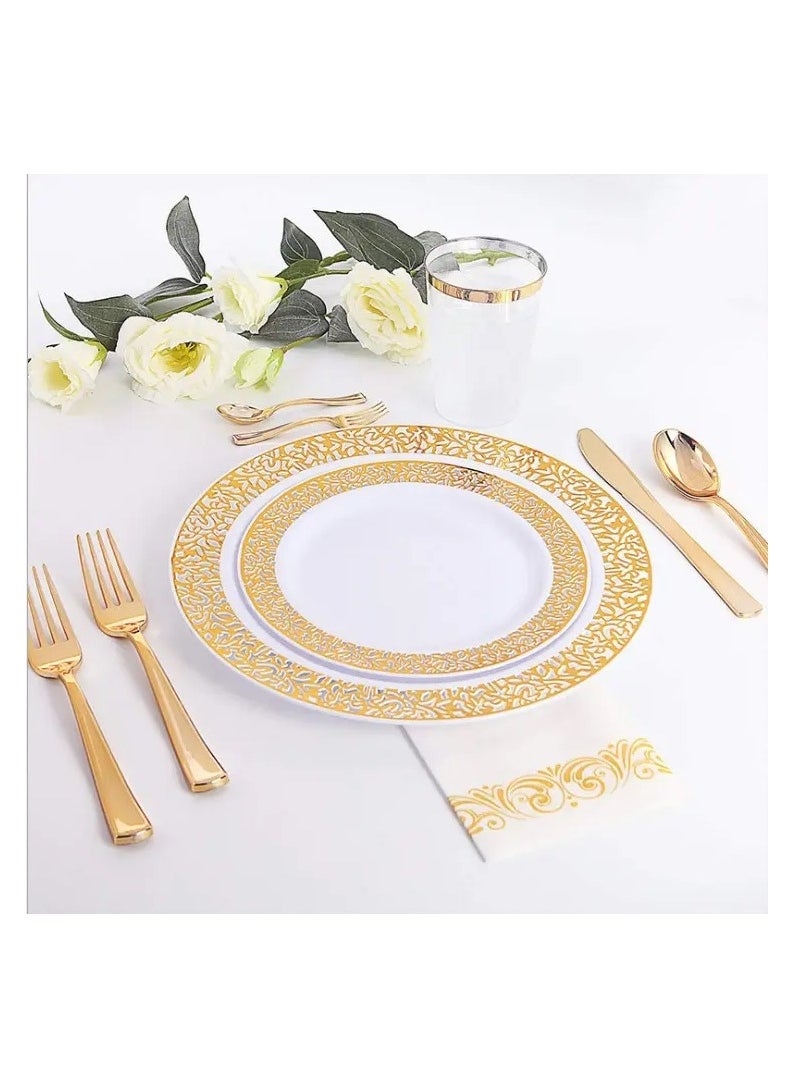 Boxwoods - 150 Pieces of Premium Quality Elegant Gold Plastic Disposable Cutlery Set Spoons knives and Forks For Wedding Birthday Ramadan Eid Dinner party - Image 1
